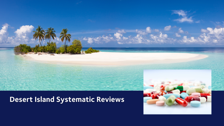 a beautiful tropical island with white sand, palm trees, turquoise sea and a deep blue sky, with a small picture of assorted, multi-colour pills superimposed in one corner