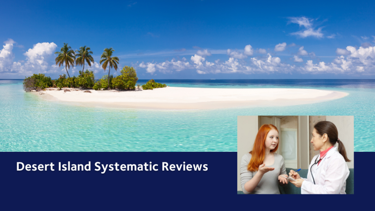 A desert island with white sand, turquoise water and blue sky, with palm trees, with a photo of  a young doctor and young patient overlaid