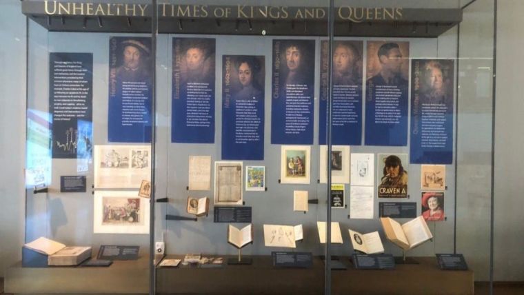 Photograph of Unhealthy Times of Kings & Queens exhibition case in a museum